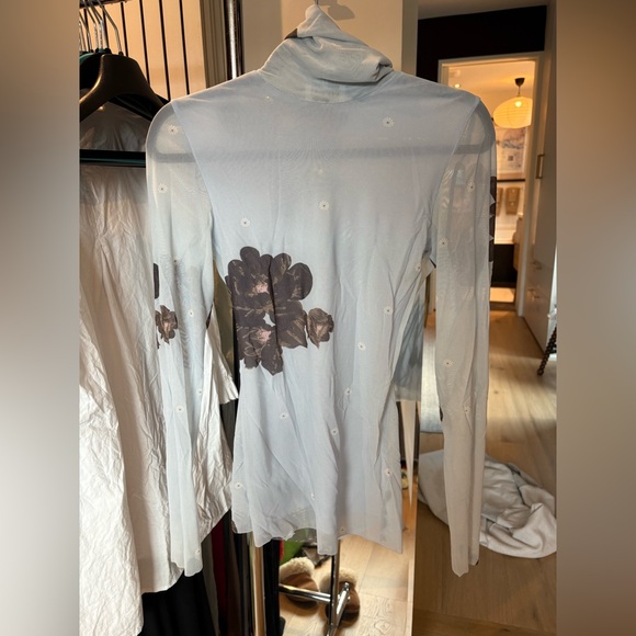 Ganni Sheer Floral turtle neck in Light Blue and Brown - Picture 2 of 4